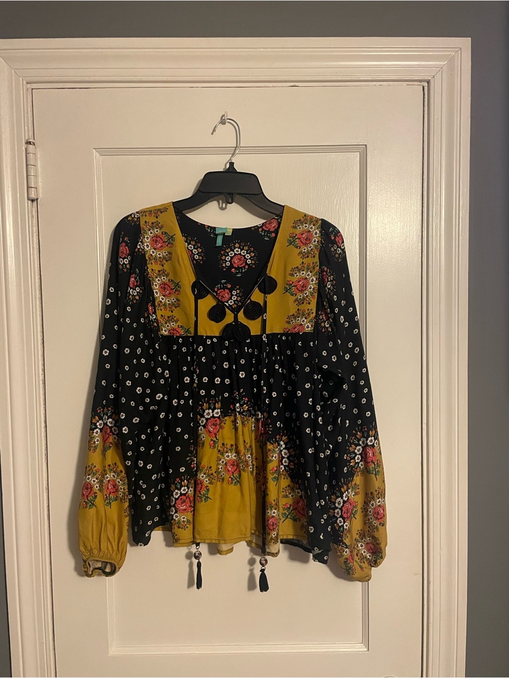 Farm Rio Intarsia Boho Patchwork Peasant Top Size XS